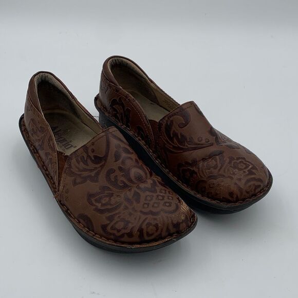 Alegria Brown Floral stamped leather Slip-On Shoes nurse teacher comfort shoe 38 - Picture 1 of 14